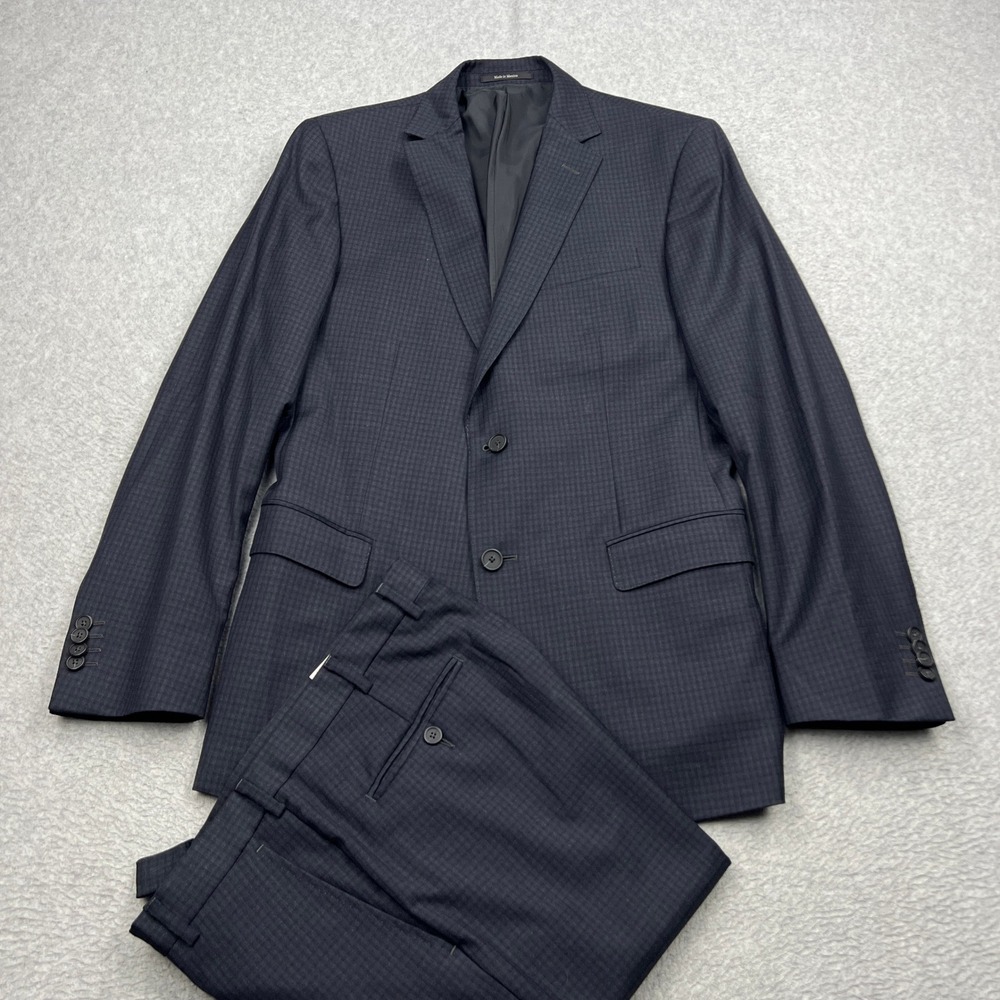 Z Zegna City Suit Set Mens 50R Navy Micro Check 100% Wool Two Button Flat Front